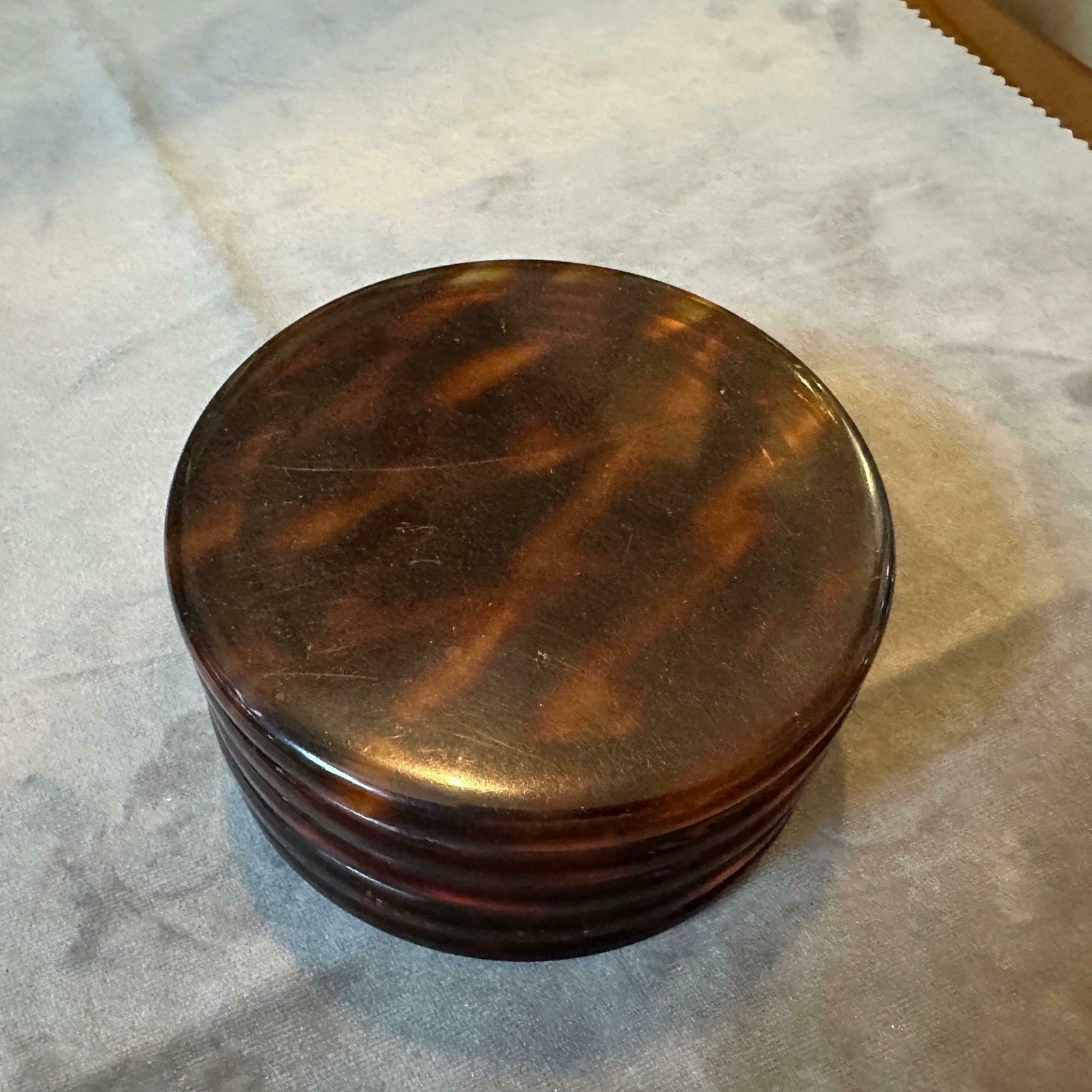 1970s Mid Century Modern Fake Tortoise Shell Lucite Round Jewelry Box photo furniture