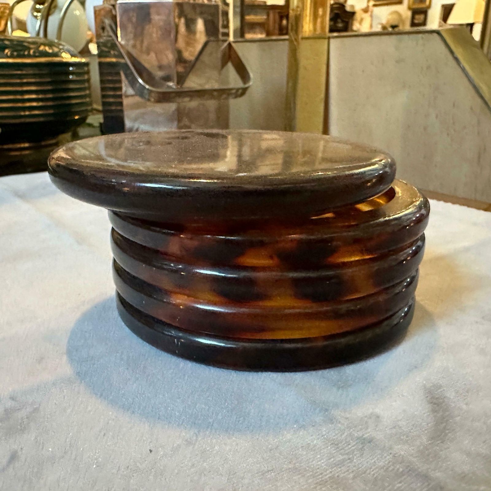 photo furniture 1970s Mid Century Modern Fake Tortoise Shell Lucite Round Jewelry Box