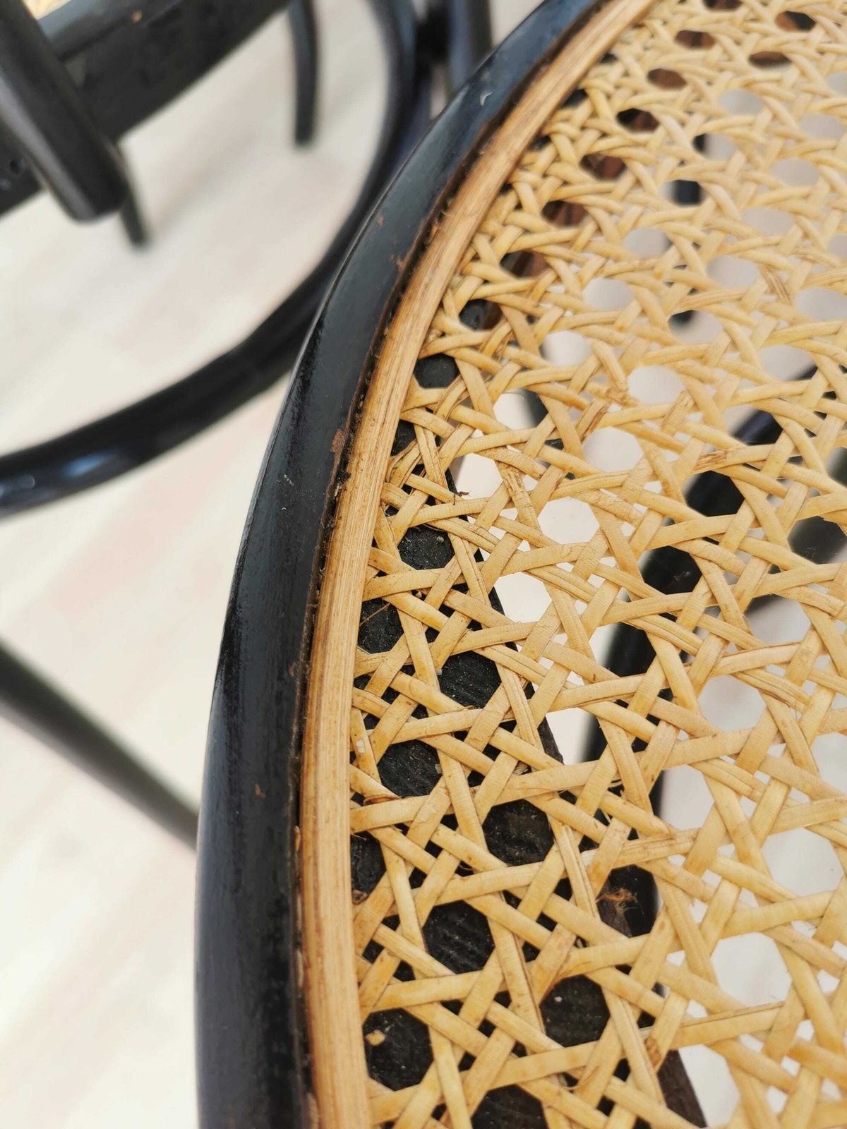 photo for sale Set Of 6 Vintage Dining Chairs In Thonet Sytle / Wooden Black Dine Chairs With Round Cane Seat / Mid Century Bentwood Bistro Bar Pub Chairs