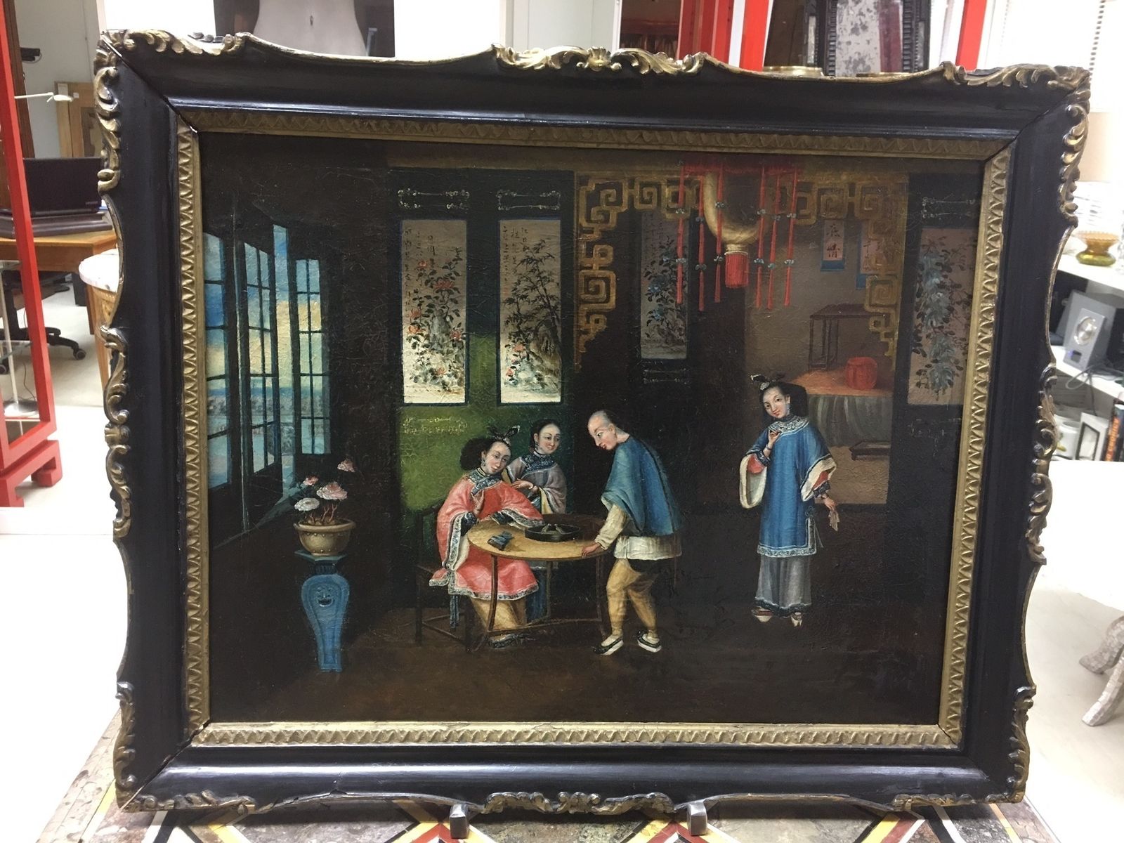 "Fight Of Birds" Chinese Interior Scene, 19th Century photo furniture