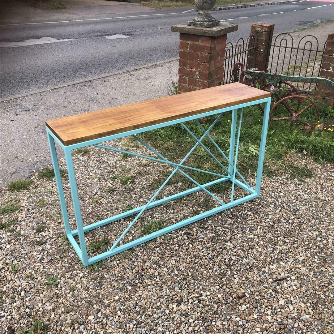 Contemporary Steel And Wood Console With Pale Blue Frame photo for sale