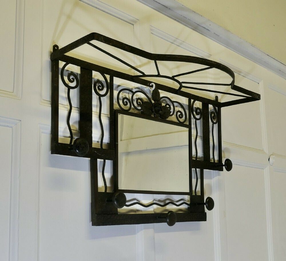 French Art Deco Iron Hat And Coat Rack With Shelf & Mirror, Industrial Style photo for sale