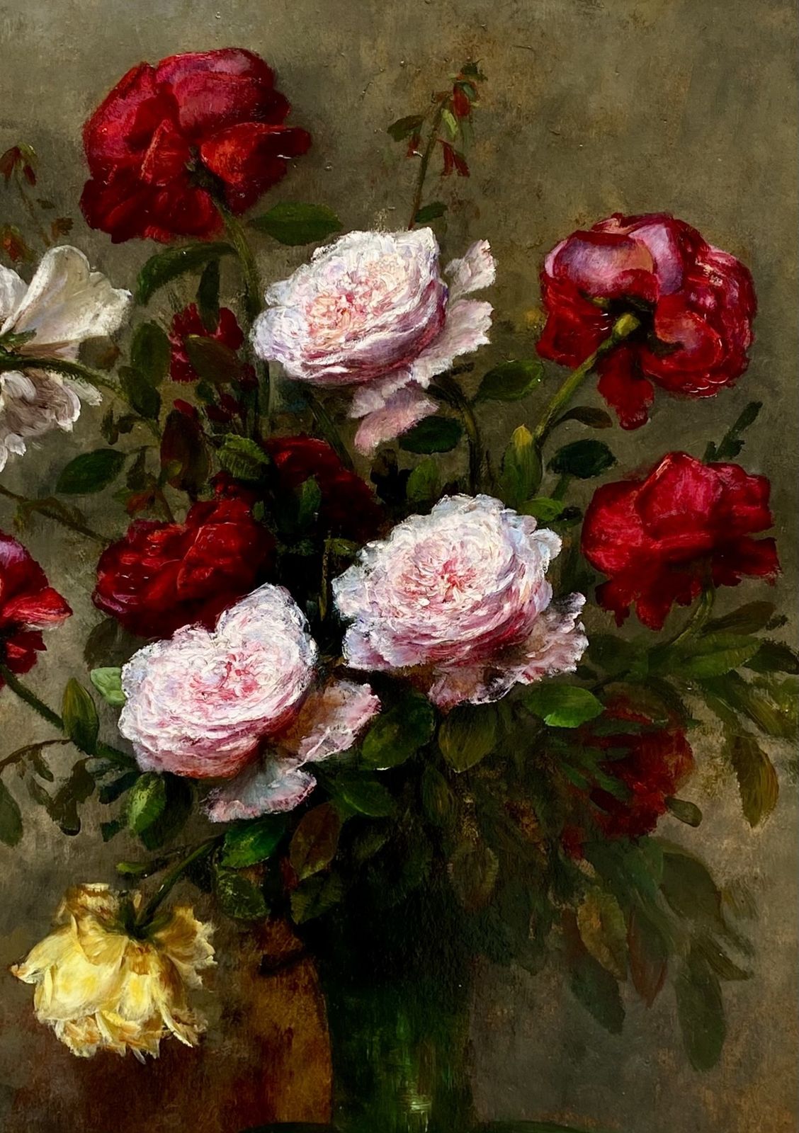 'Various Colourful Roses In A Glass Vase' By F. Clairval photo for sale