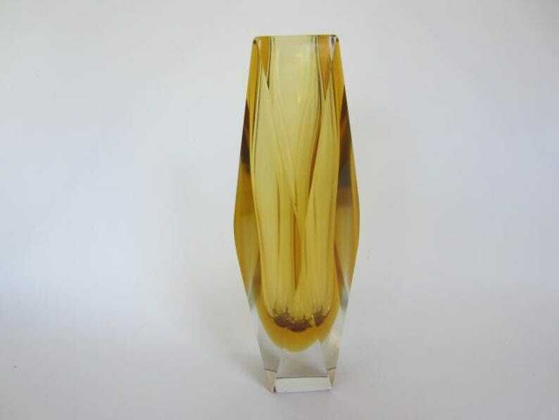 Murano Gold & Amber Sommerso Diamond Faceted Art Glass Vase