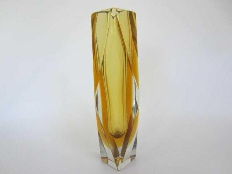Murano Gold & Amber Sommerso Diamond Faceted Art Glass Vase photo vinterior