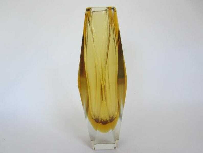 Murano Gold & Amber Sommerso Diamond Faceted Art Glass Vase photo buy