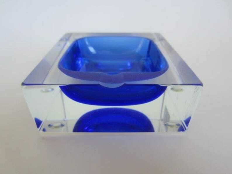 Blue Square Faceted Murano Art Glass Bowl Mandruzzato, Italy, Label. photo for sale