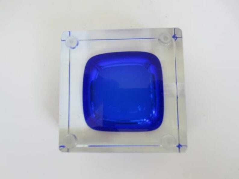 Blue Square Faceted Murano Art Glass Bowl Mandruzzato, Italy, Label. photo 142.0