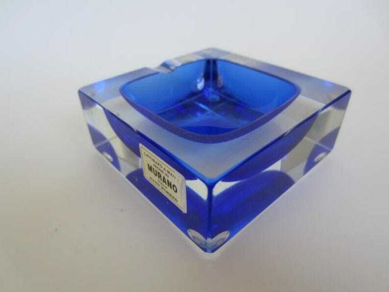 Blue Square Faceted Murano Art Glass Bowl Mandruzzato, Italy, Label. photo vinterior