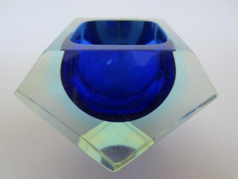 Murano Sommerso Art Glass Bowl Blue Blue Glowing Green Geometric Facet Prism Cut photo 145.0