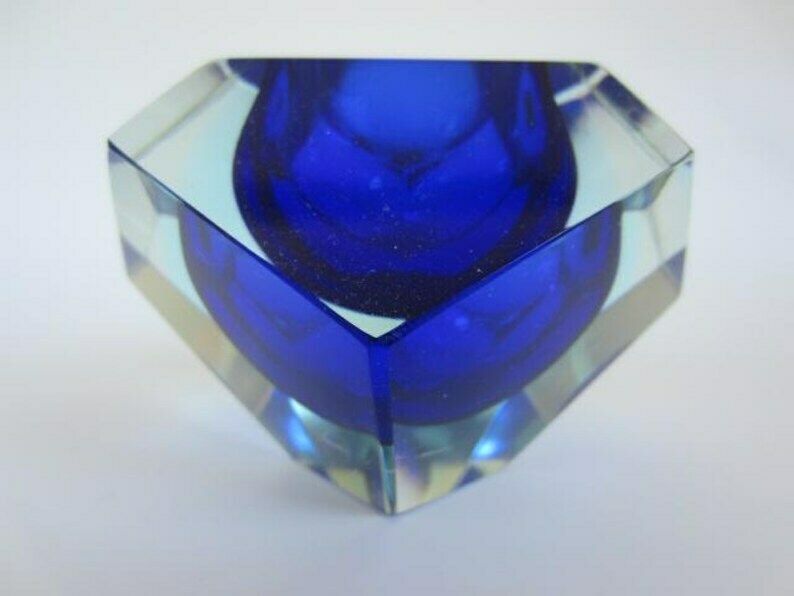 Murano Sommerso Art Glass Bowl Blue Blue Glowing Green Geometric Facet Prism Cut photo vinterior