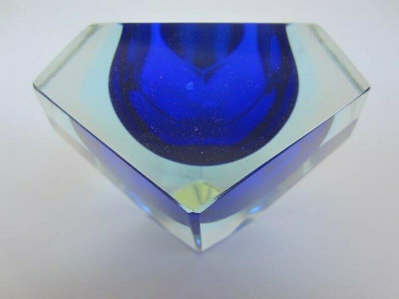 Murano Sommerso Art Glass Bowl Blue Blue Glowing Green Geometric Facet Prism Cut photo buy