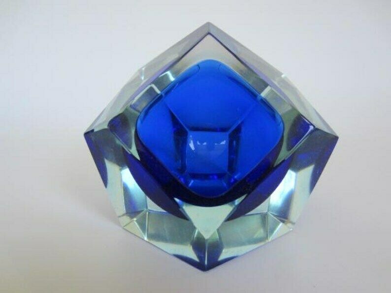 Murano Sommerso Art Glass Bowl Blue Blue Glowing Green Geometric Facet Prism Cut photo vintage