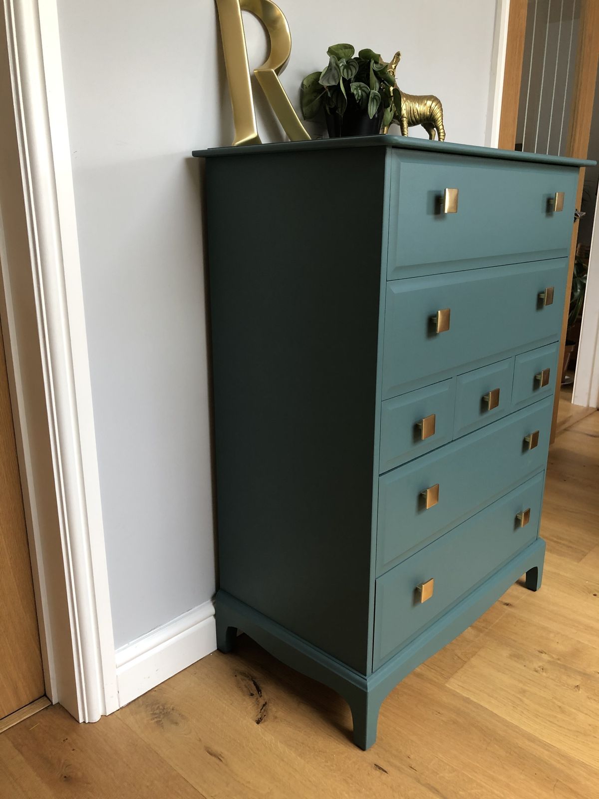 Stag Minstrel Tallboy Chest Of Drawers Painted In Green photo for sale