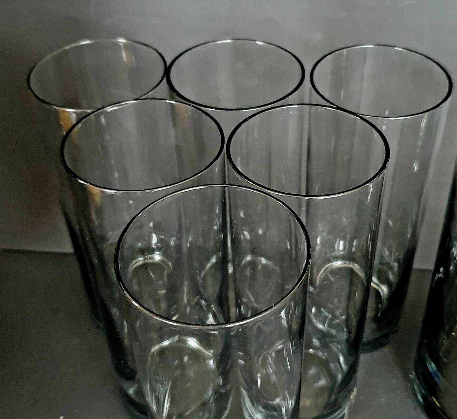 A Rare Early Dartington Pitcher Set With 6 Hiball Glasses In Smoked Grey Glass, Model Ft50 From 1968, Early Frank Thrower Design, English photo buy