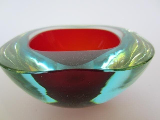 Murano Sommerso Oval Faceted Red Blue And Glowing Green Geode Art Glass Bowl photo 154.0