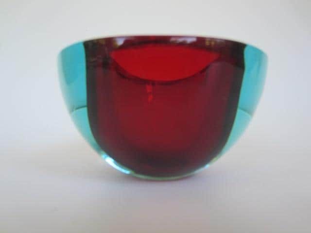 Murano Sommerso Oval Faceted Red Blue And Glowing Green Geode Art Glass Bowl photo vintage
