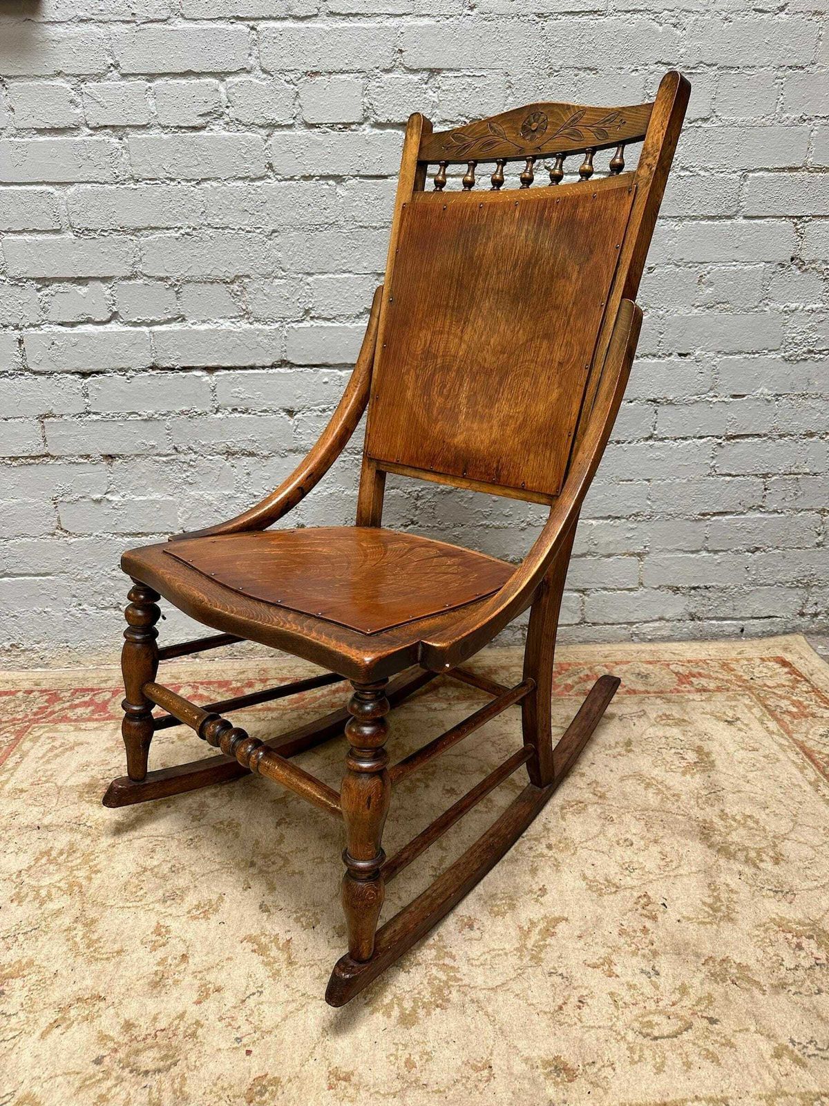 Antique Early 20th Edwardian Century Beech Floral Occasional Rocking Chair photo furniture