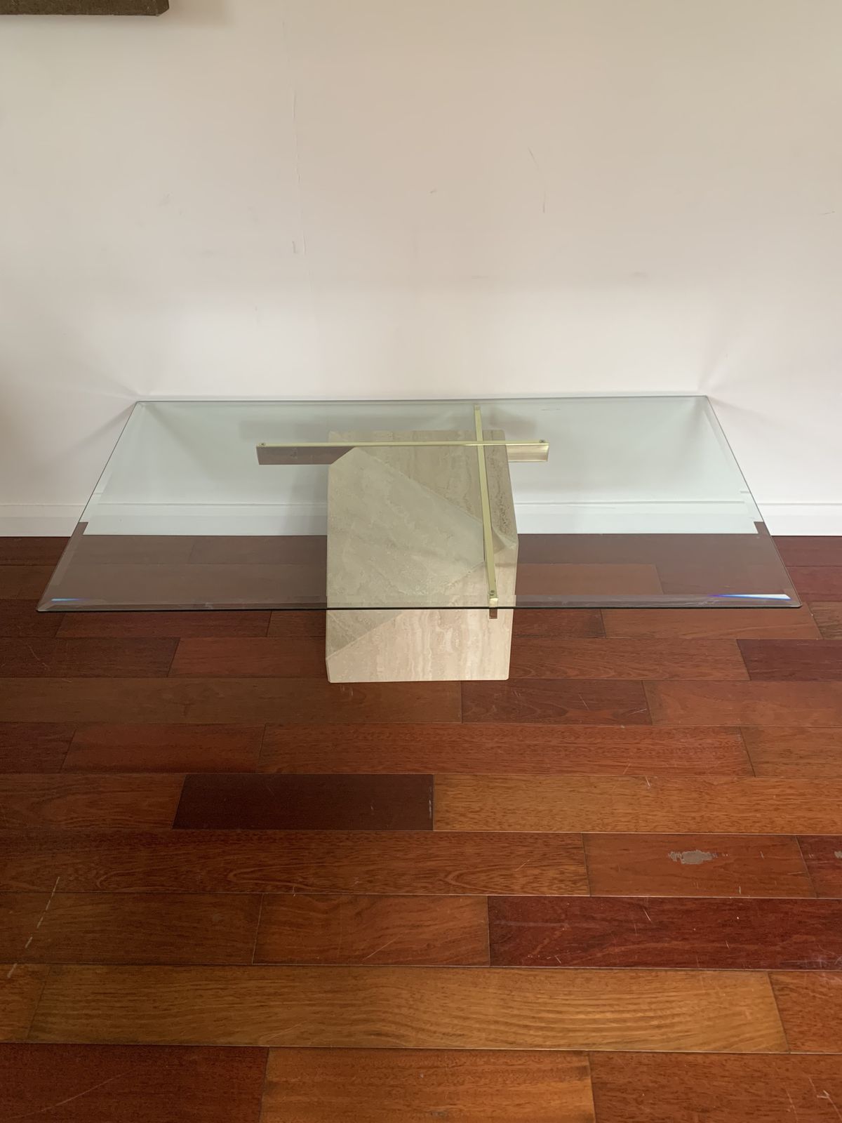Italian Vintage Travertine, Brass And Glass Coffee Table, By Artedi , 1970s photo for sale