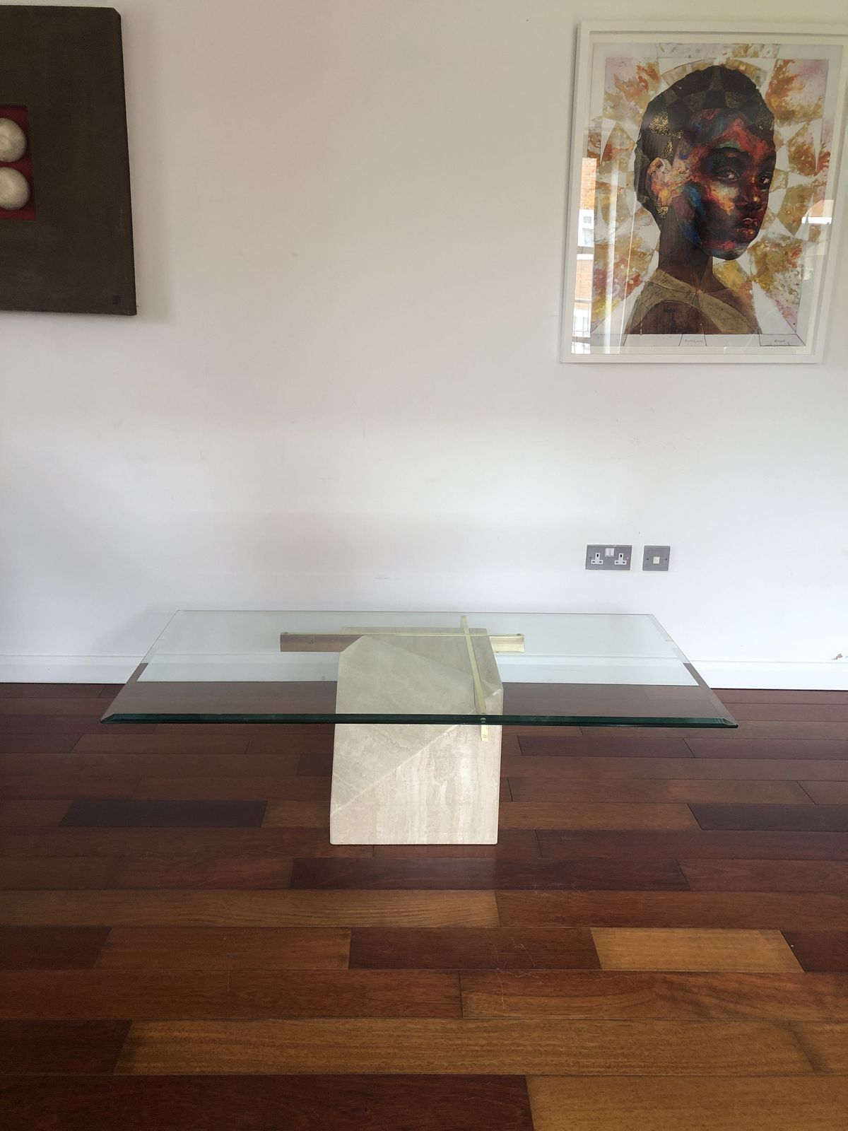 Italian Vintage Travertine, Brass And Glass Coffee Table, By Artedi , 1970s photo vinterior