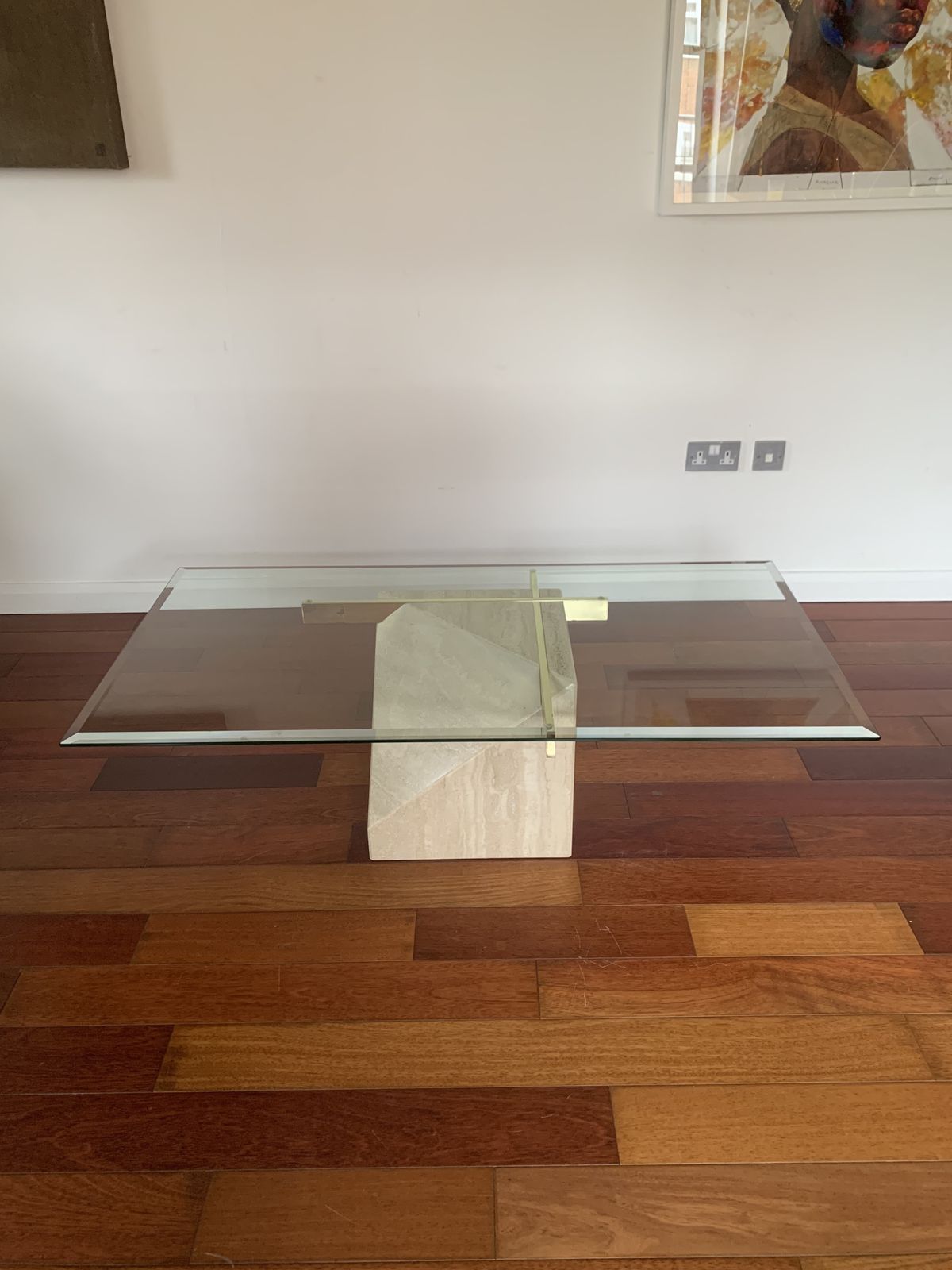 Italian Vintage Travertine, Brass And Glass Coffee Table, By Artedi , 1970s photo vintage