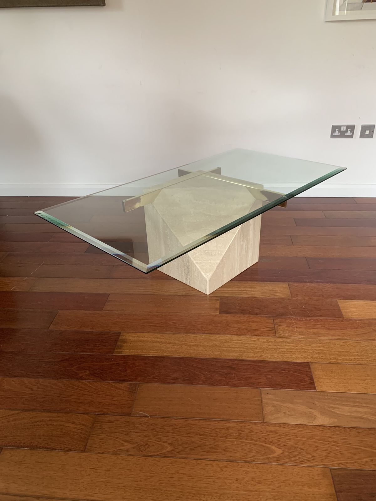 Italian Vintage Travertine, Brass And Glass Coffee Table, By Artedi , 1970s photo furniture