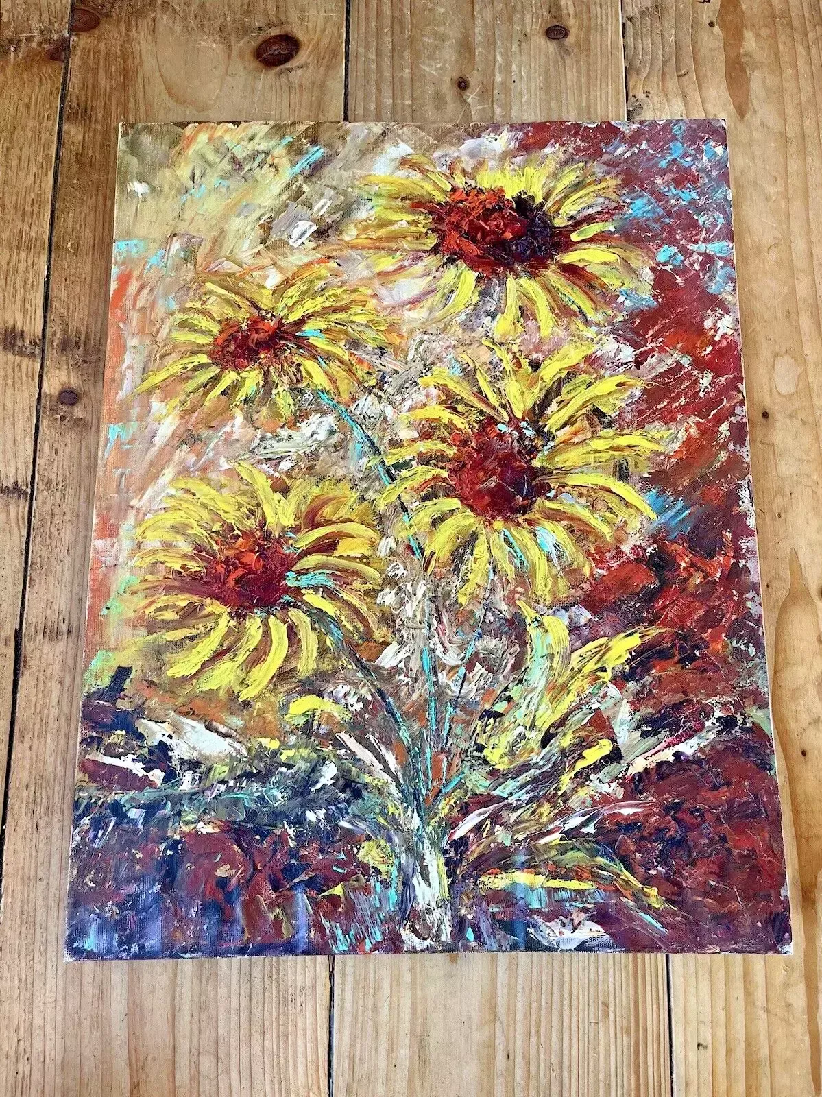 Vintage Original Floral Sunflower Bouquet Textured Abstract Still Life Painting photo for sale