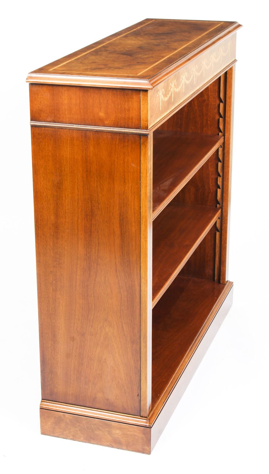 Bespoke Sheraton Revival Low Burr Walnut Open Bookcase photo Furniture