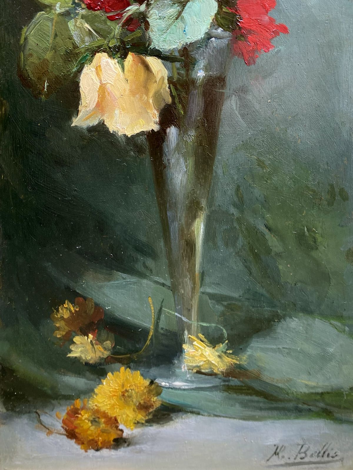 'Red And Yellow Roses In A Glass Vase' Van Hubert Bellis (1831 Brussel 1902) photo 6400.0