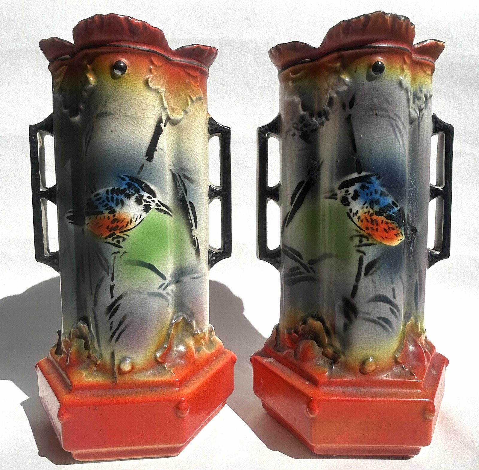 Antique Art Nouveau/Deco Pair Pottery Vases Birds