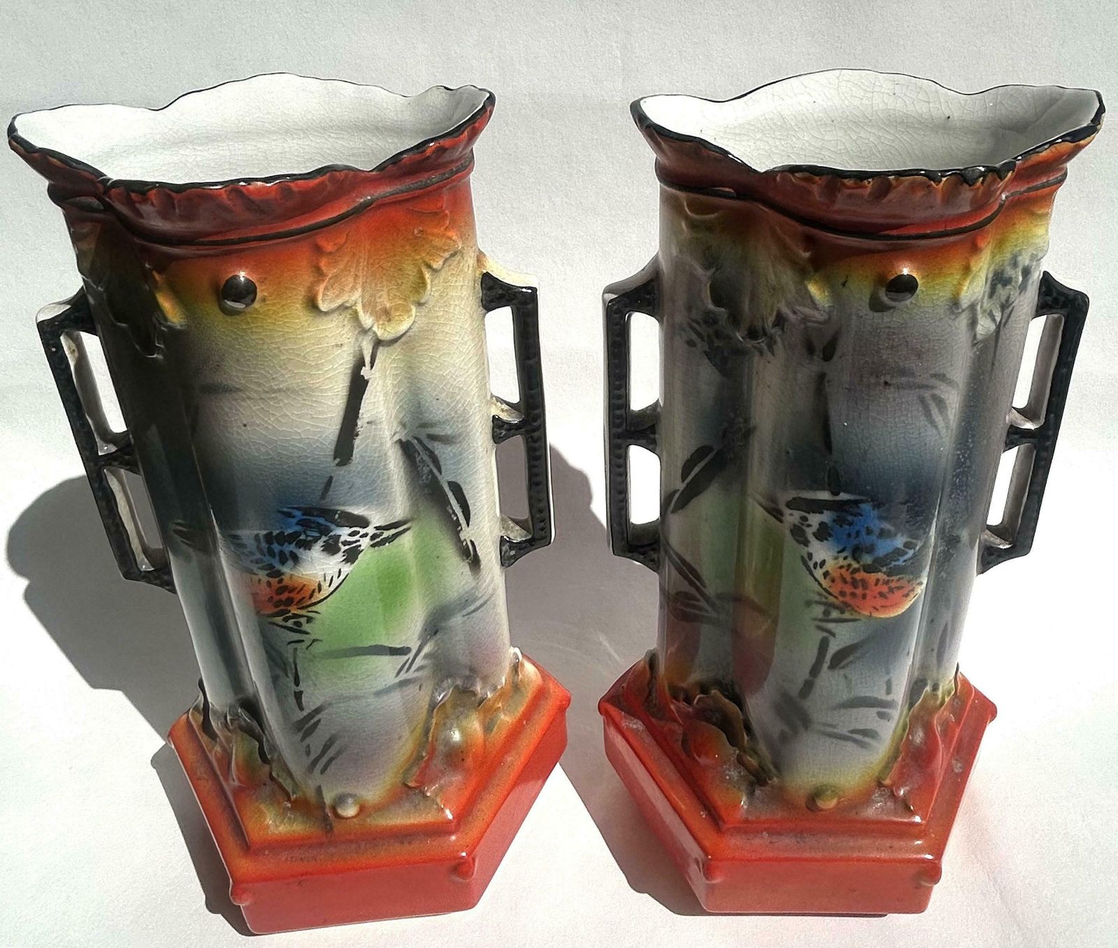 Antique Art Nouveau/Deco Pair Pottery Vases Birds photo furniture