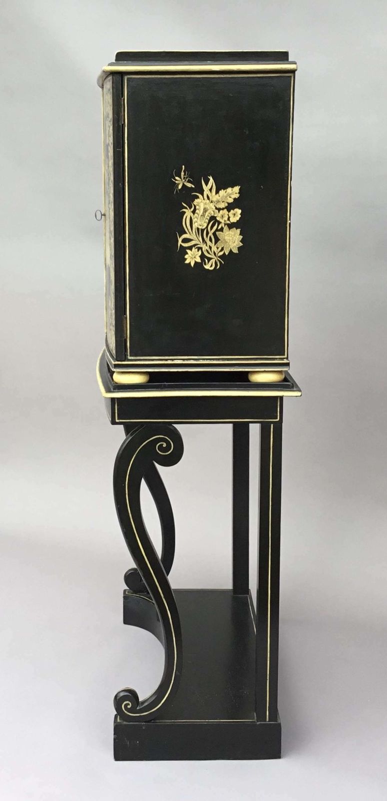 photo for sale Rare Regency Chinoiserie Penwork Collectors Cabinet On Stand