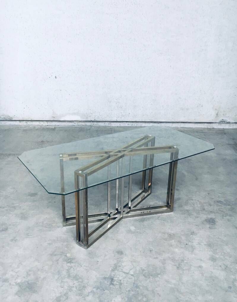 Hollywood Regency Style Geometrical Design Brass & Glass Dining Table By Belgochrom photo 1250.0