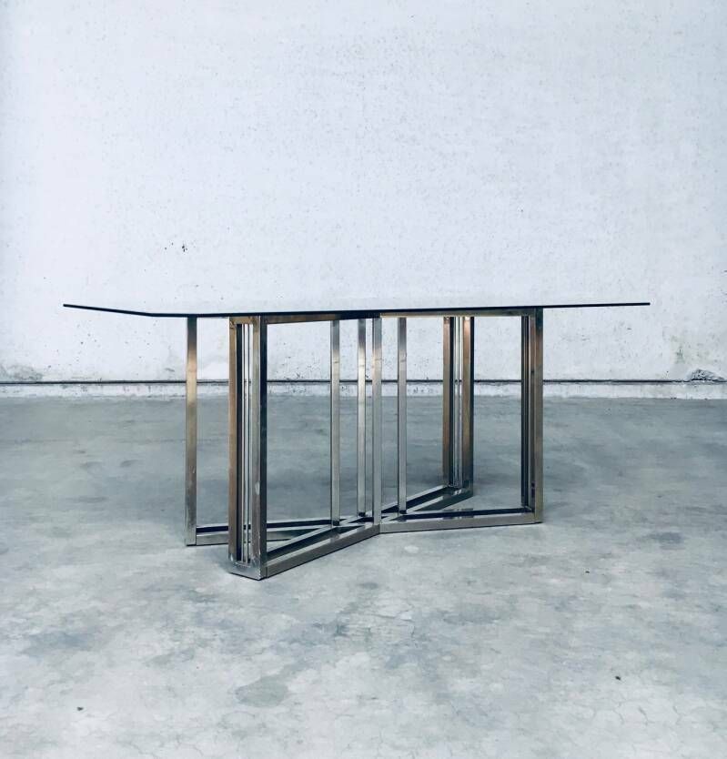 photo furniture Hollywood Regency Style Geometrical Design Brass & Glass Dining Table By Belgochrom