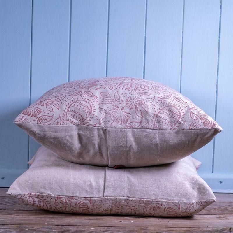 Pair Of Antique French Linen Cushions, Hand Printed photo vintage