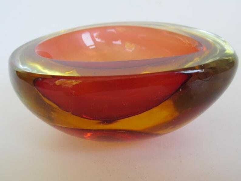 Murano Seguso Poli Sommerso Pink & Golden Amber Pear Shaped Glass Geode Bowl photo Home Decor
