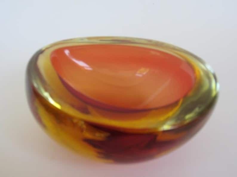 Murano Seguso Poli Sommerso Pink & Golden Amber Pear Shaped Glass Geode Bowl photo vinterior