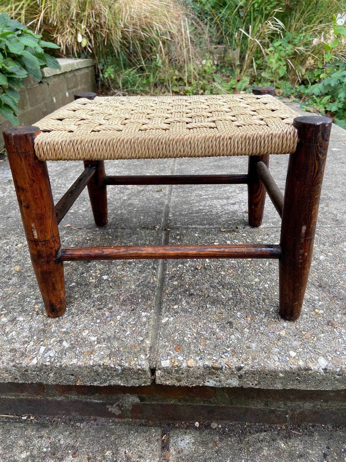 Child's Vintage String Woven Antique Wooden Stool   Dark Wood Frame With Woven String Hatched Seat   Child's Stool, Foot Stool, Plant Stand photo for sale