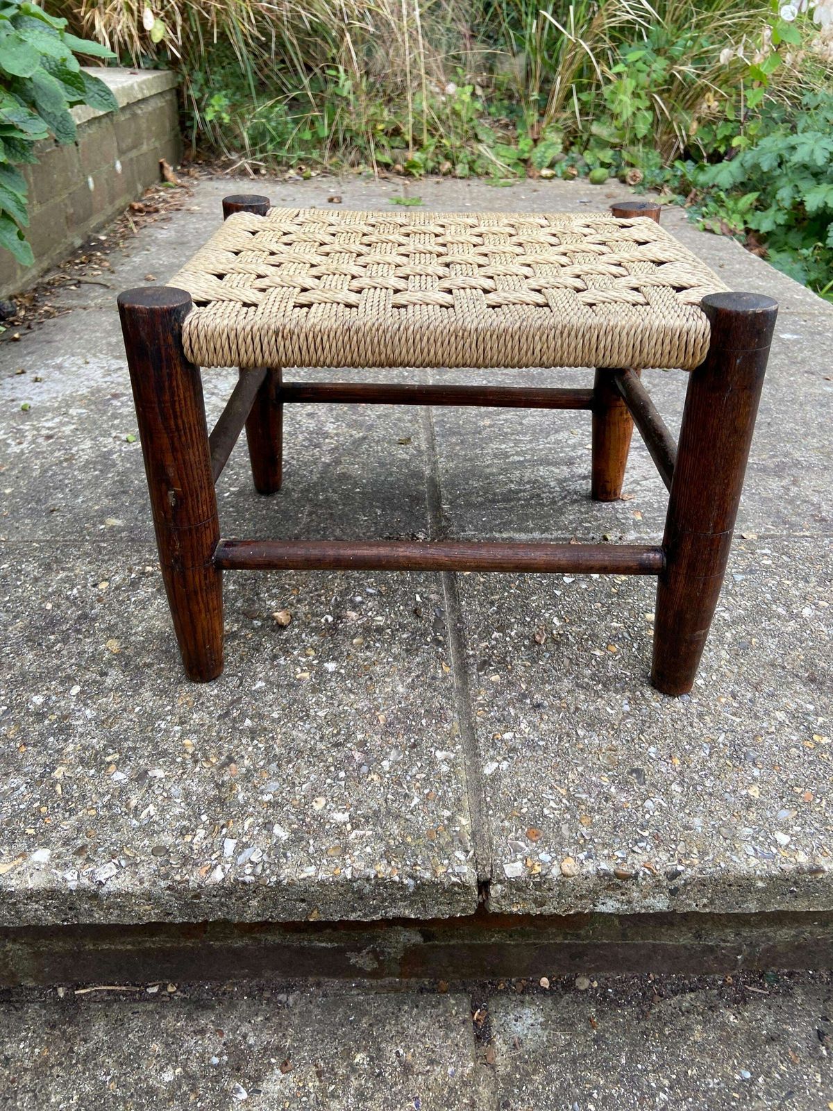 Child's Vintage String Woven Antique Wooden Stool   Dark Wood Frame With Woven String Hatched Seat   Child's Stool, Foot Stool, Plant Stand photo Furniture