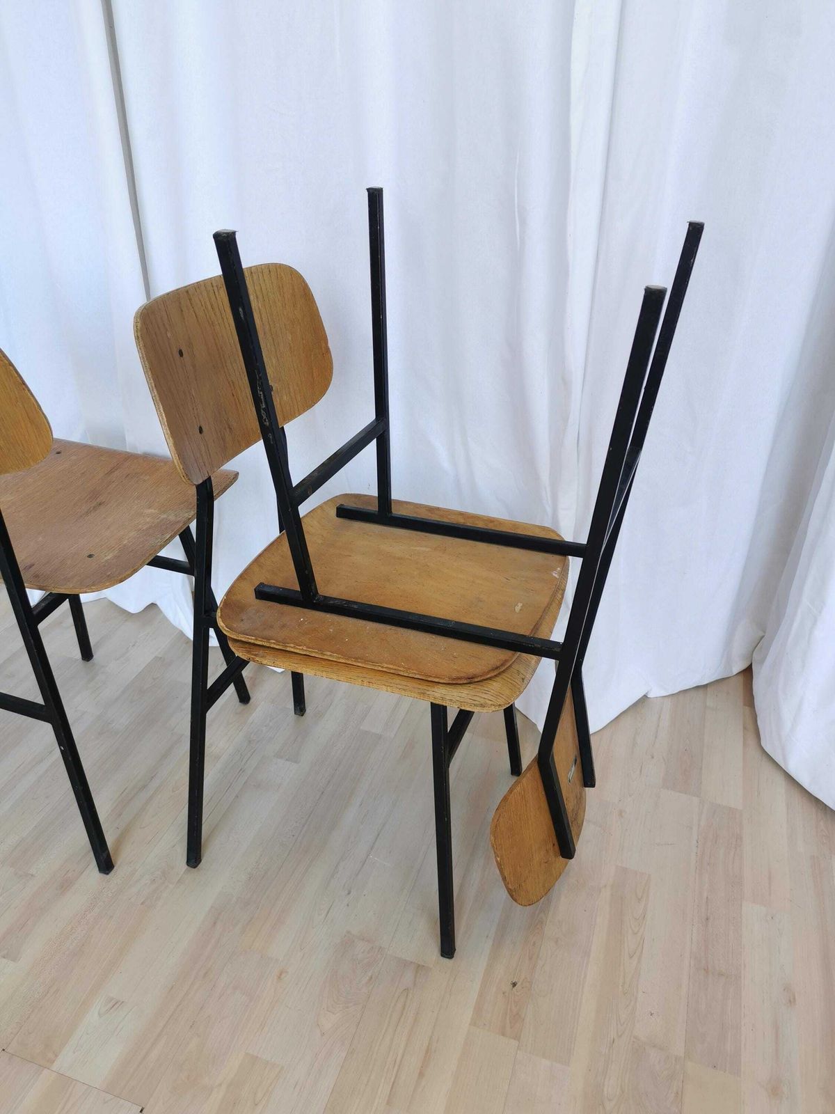 Set Of 3 Vintage School Chairs / Retro Wooden Dining Chair With Metal Base / Stol Kamnik Yugoslavia 1970 / Mid Century Dine Bistro Bar Pub photo furniture