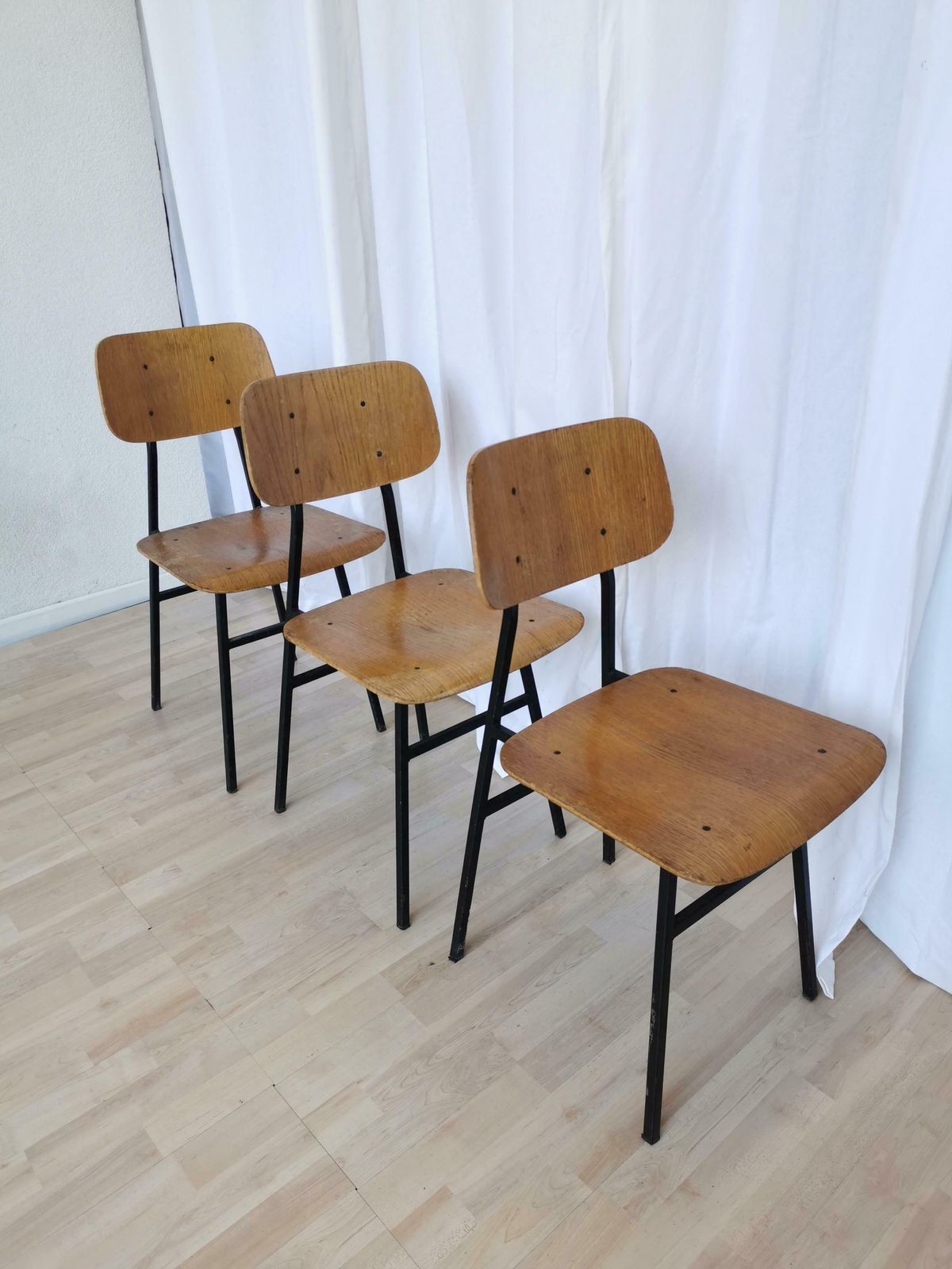 Set Of 3 Vintage School Chairs / Retro Wooden Dining Chair With Metal Base / Stol Kamnik Yugoslavia 1970 / Mid Century Dine Bistro Bar Pub photo 417.0