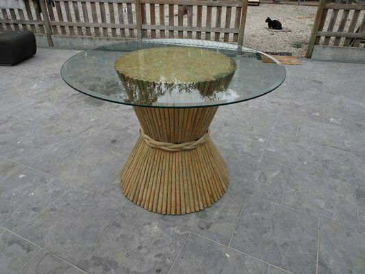 Mc Guire Bamboo Rattan And Glass Dining Table, 1970s photo vintage