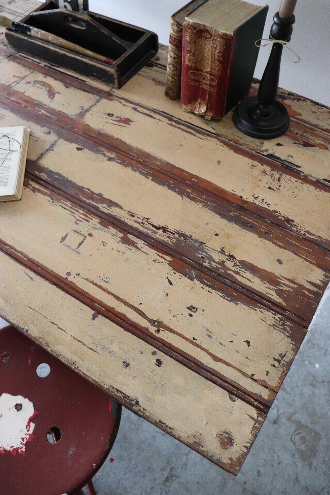 Striking Vintage French Trestle Table Or Desk With Attractive Painted And Distressed Plank Top And Metal Folding Legs photo Furniture
