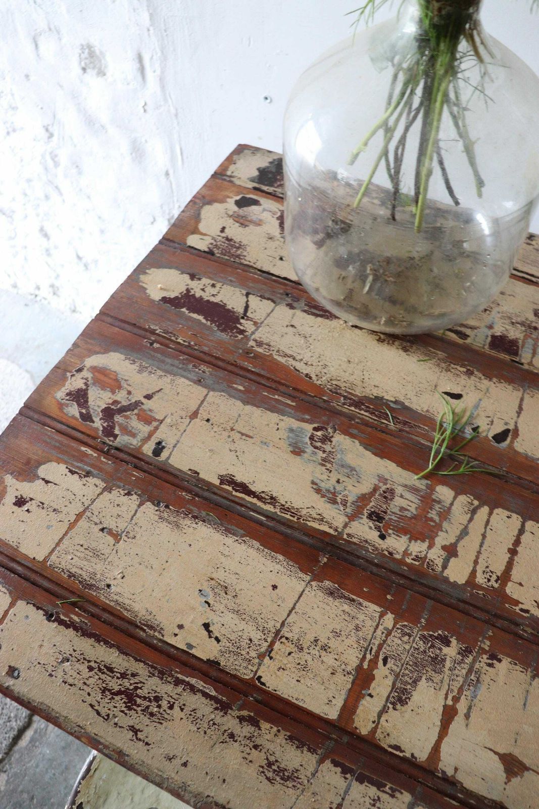 Striking Vintage French Trestle Table Or Desk With Attractive Painted And Distressed Plank Top And Metal Folding Legs photo 750.0