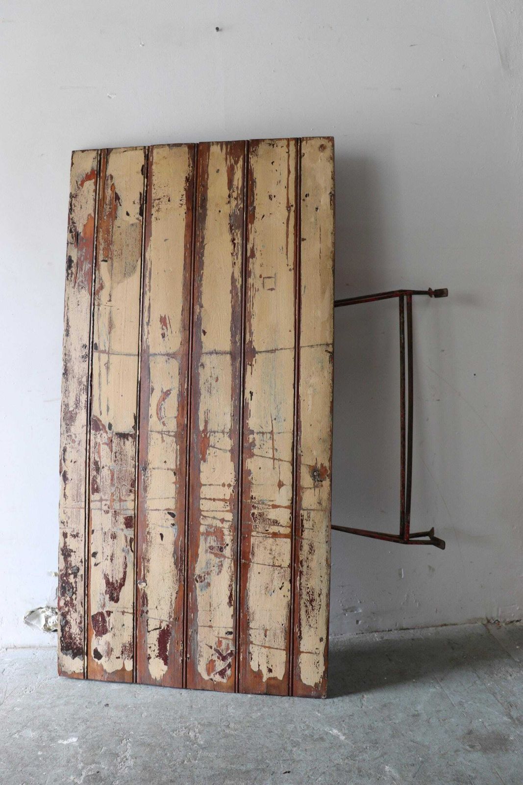 photo furniture Striking Vintage French Trestle Table Or Desk With Attractive Painted And Distressed Plank Top And Metal Folding Legs