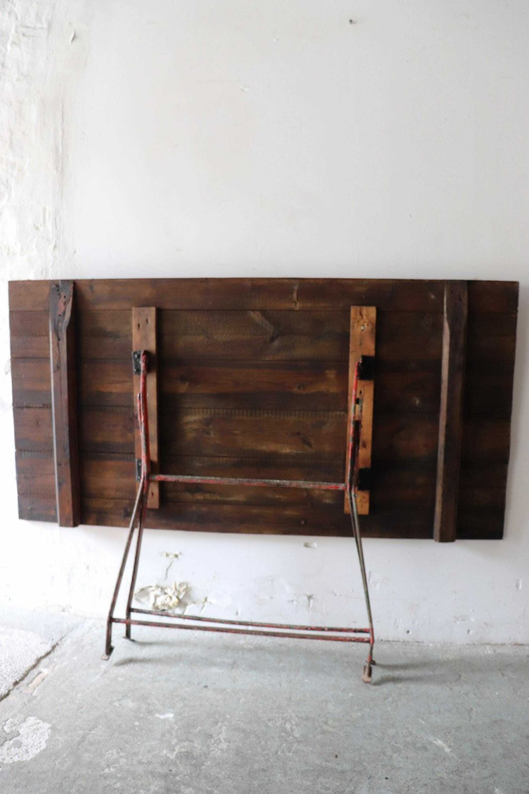 photo for sale Striking Vintage French Trestle Table Or Desk With Attractive Painted And Distressed Plank Top And Metal Folding Legs