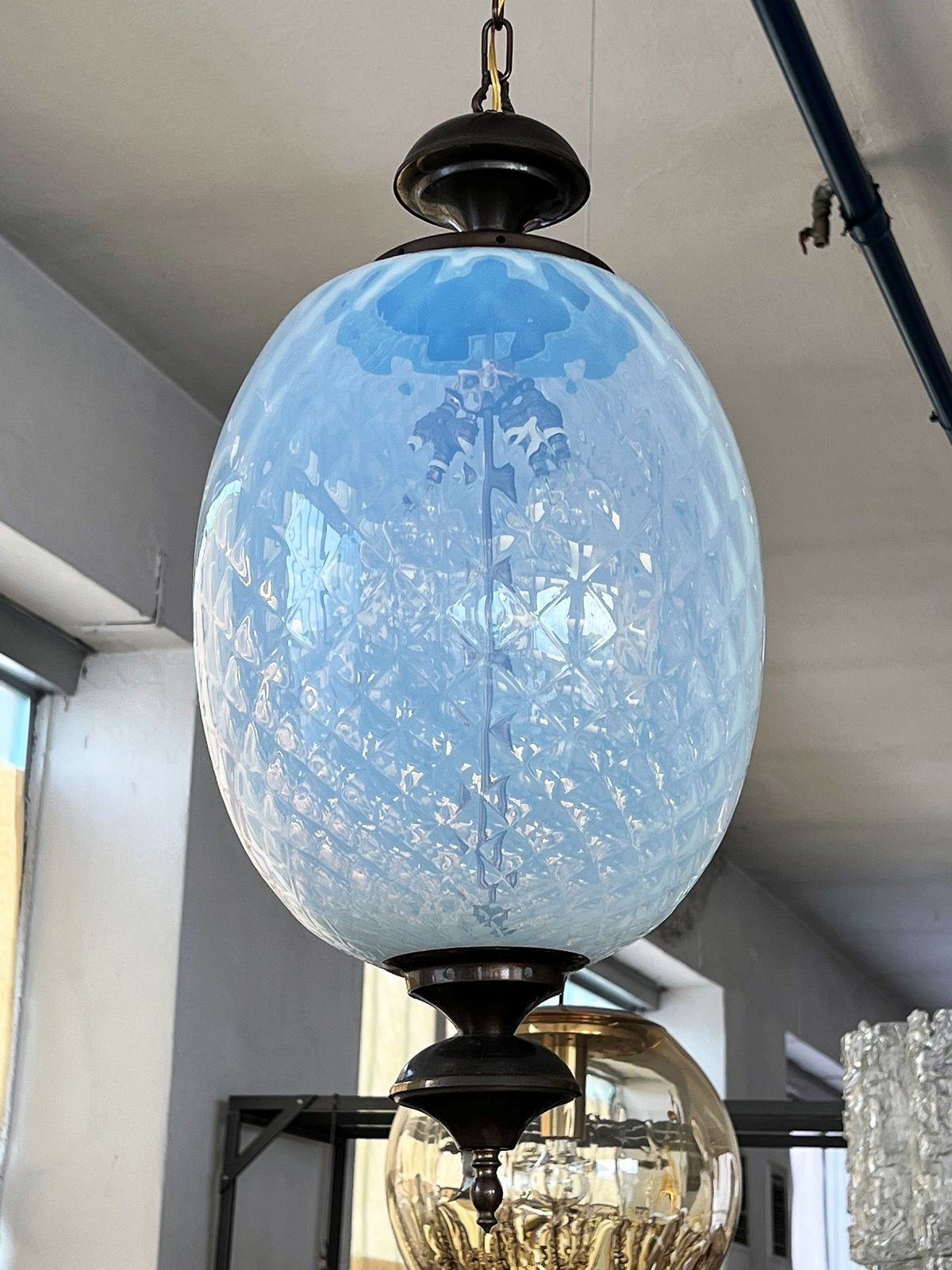 Italian Pendant  Lantern In Brass And Opaline Textural Murano Glass, 1970 photo for sale