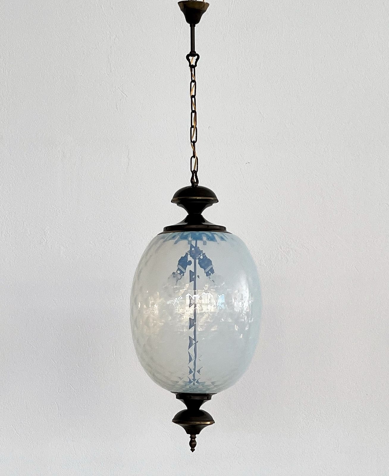 Italian Pendant  Lantern In Brass And Opaline Textural Murano Glass, 1970 photo buy