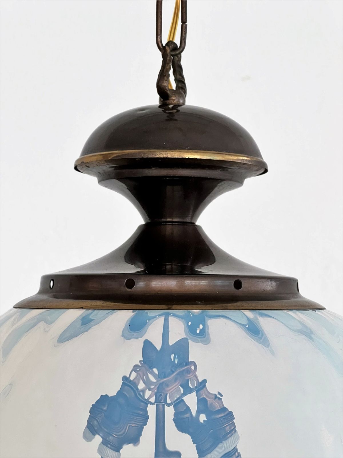 Italian Pendant  Lantern In Brass And Opaline Textural Murano Glass, 1970 photo vintage