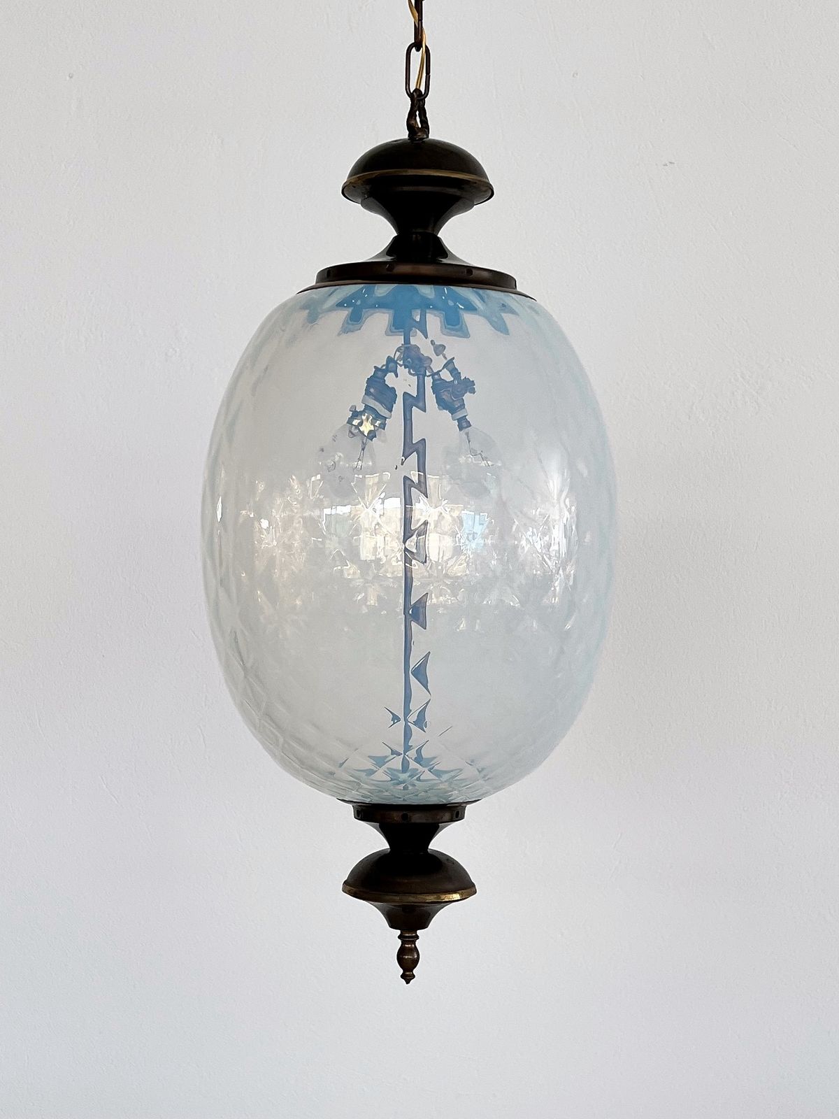 Lighting Italian Pendant  Lantern In Brass And Opaline Textural Murano Glass, 1970 photo